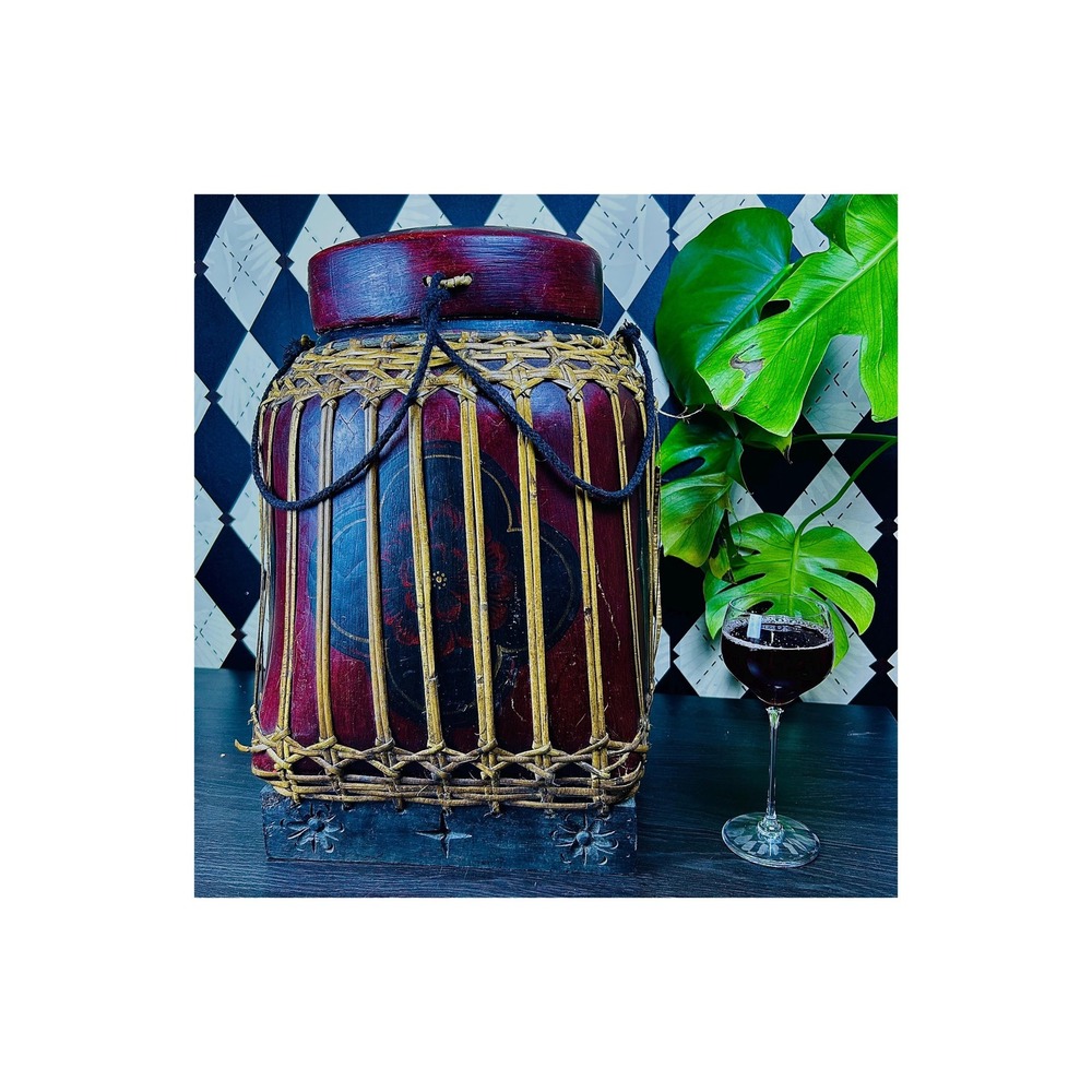 Large 18" Burmese Lacquer Rice Basket, Lidded Bamboo Vessel Vintage Collectible